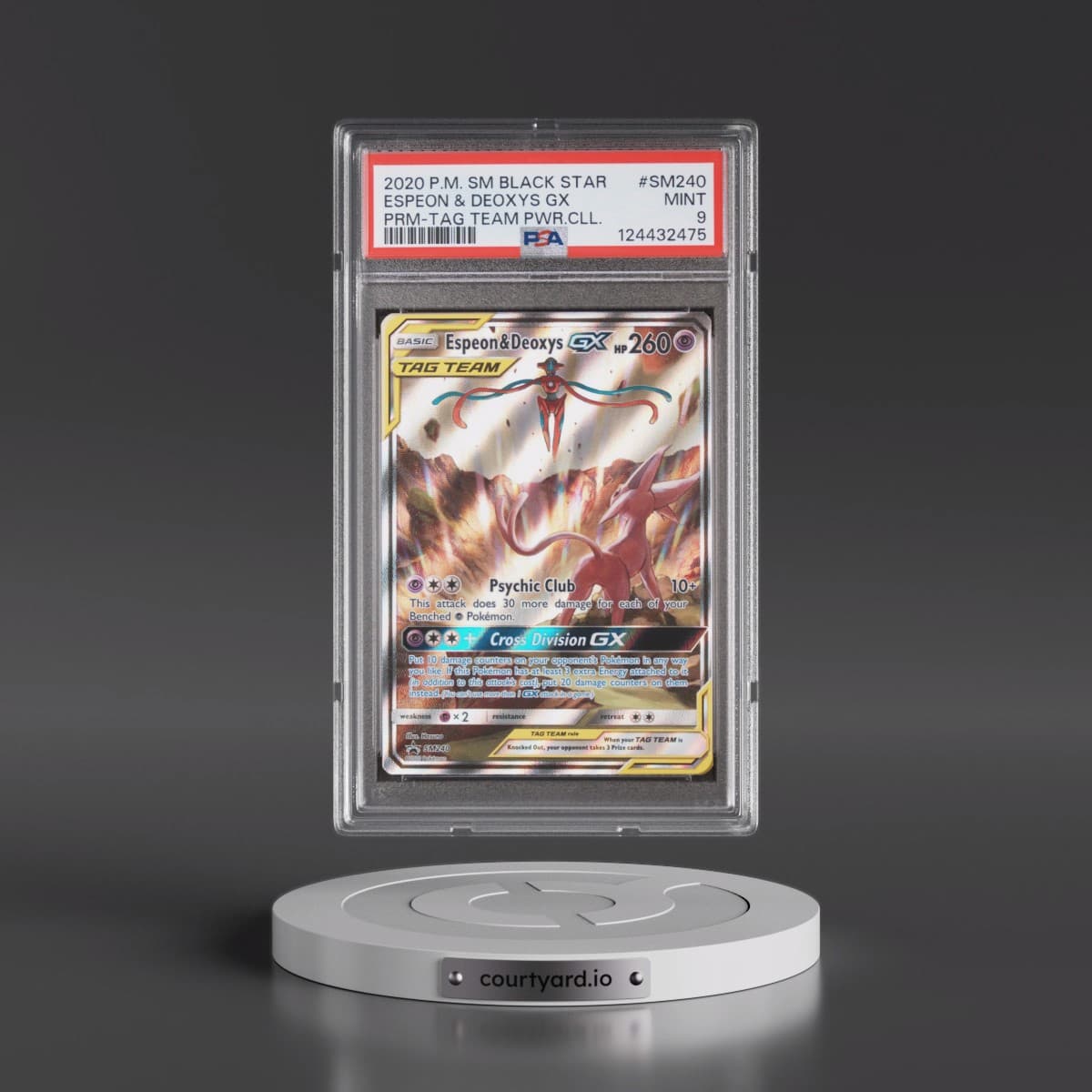 2020 Pokémon SM Black Star Promo #SM240 Espeon & Deoxys GX - Holo Tag Team Powers Collection (PSA 9 MINT)