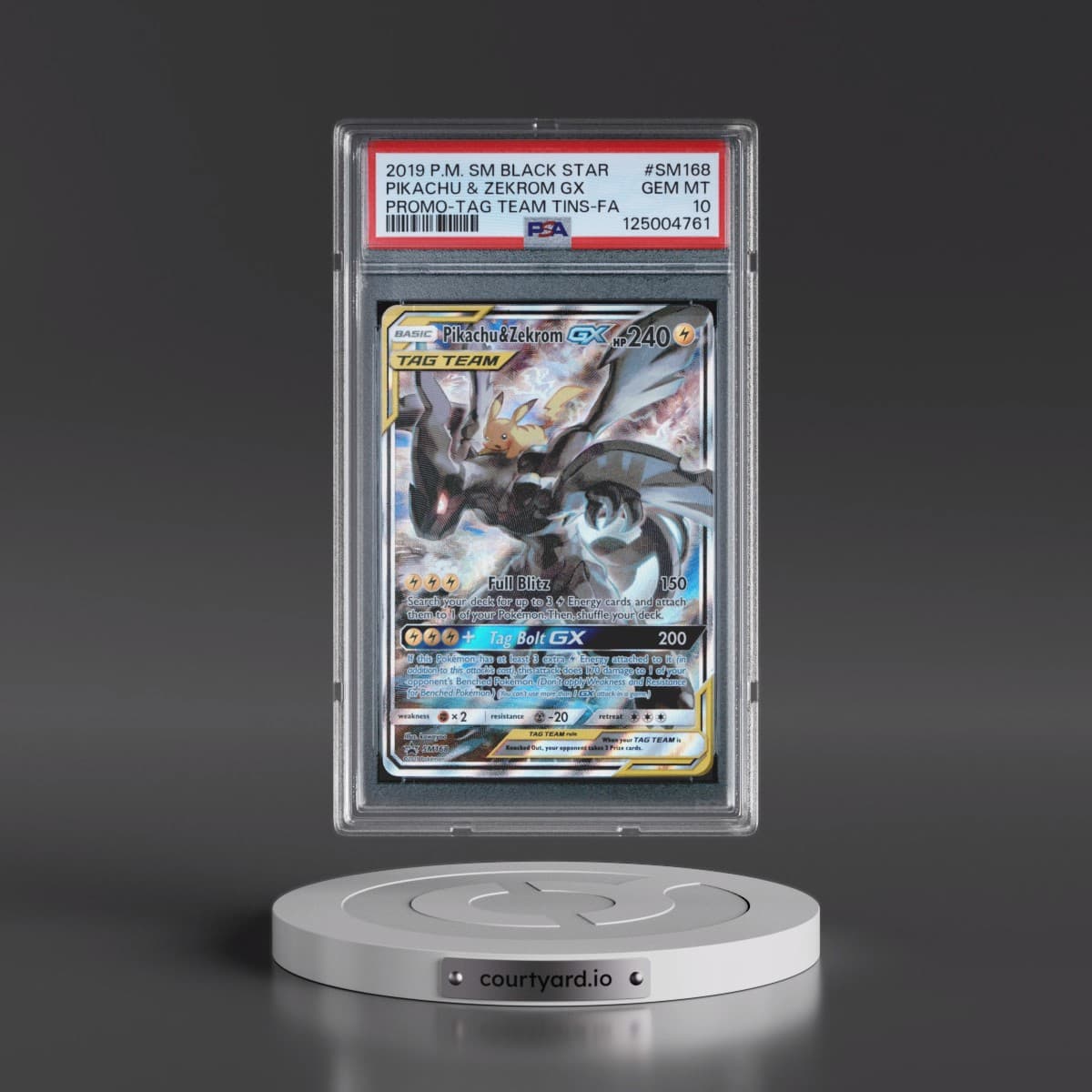 2019 Pokémon SM Black Star Promo #SM168 Pikachu & Zekrom GX - Holo Full Art Tag Team Tins (PSA 10 GEM MINT)