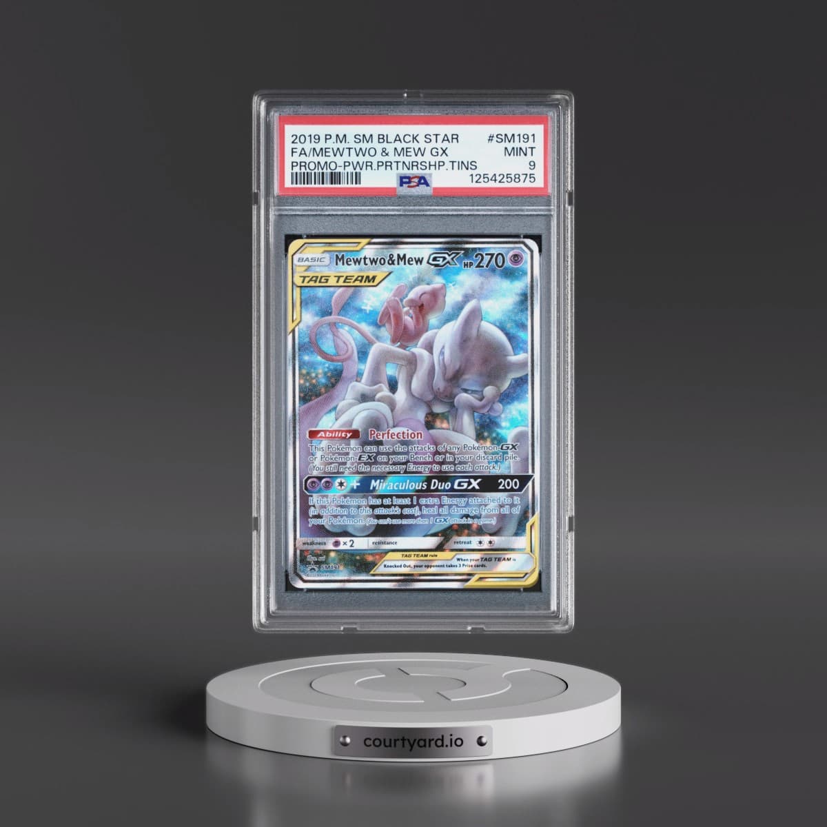 2019 Pokémon SM Black Star Promo #SM191 Mewtwo & Mew GX - Holo Full Art Power Partnership Tins (PSA 9 MINT)