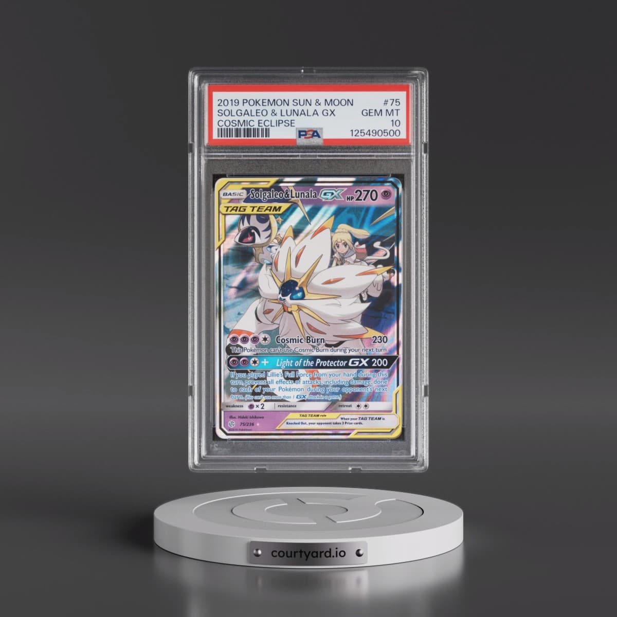 2019 Pokémon Sun & Moon Cosmic Eclipse #75 Solgaleo & Lunala GX - Holo (PSA 10 GEM MINT)