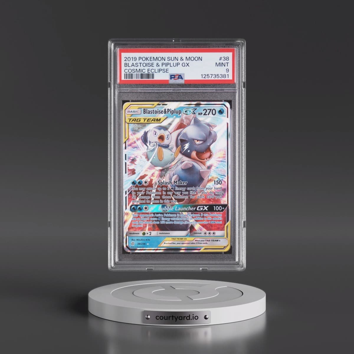 2019 Pokémon Sun & Moon Cosmic Eclipse #38 Blastoise & Piplup GX - Holo (PSA 9 MINT)