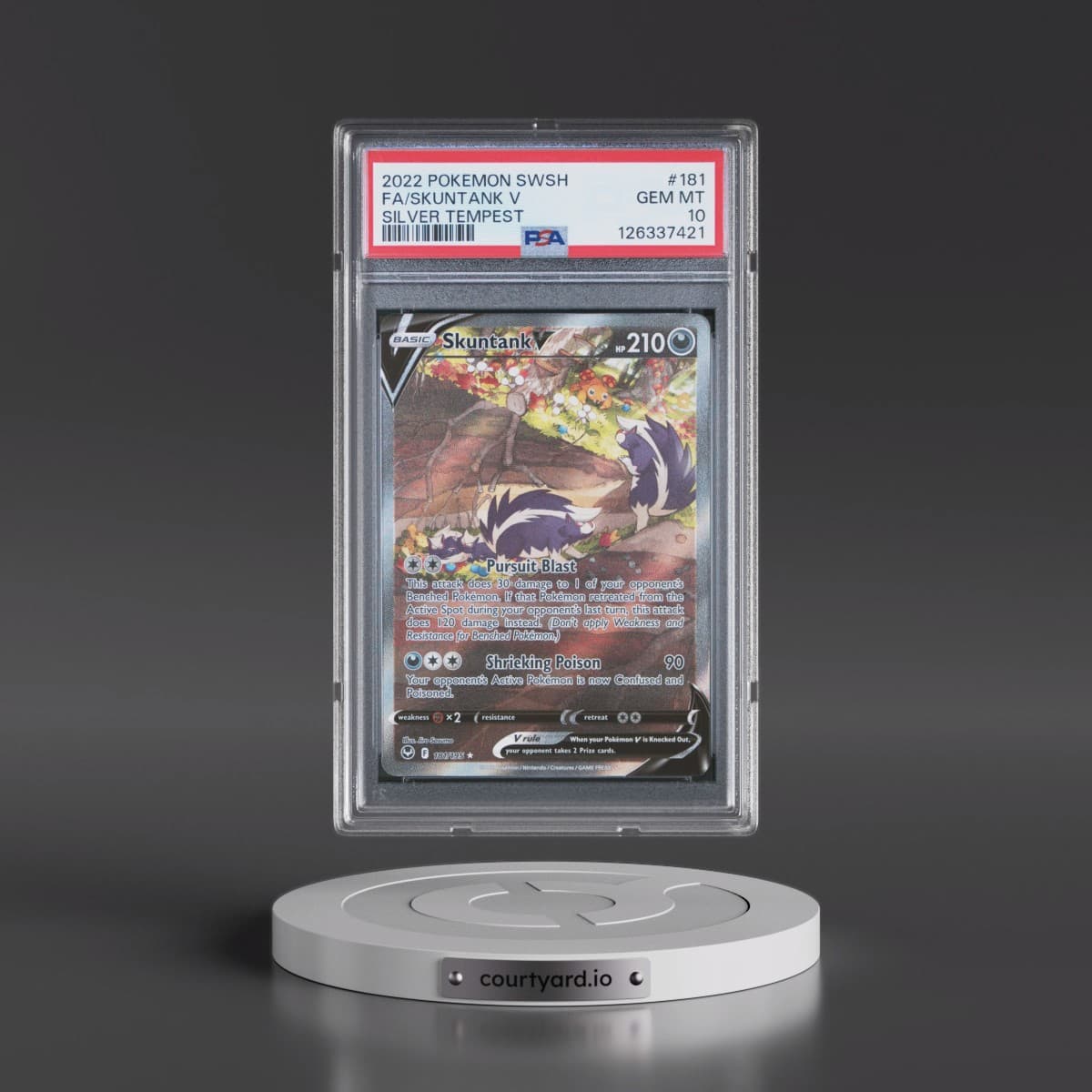 2022 Pokémon Sword & Shield Silver Tempest #181 Skuntank V - Holo Full Art (PSA 10 GEM MINT)