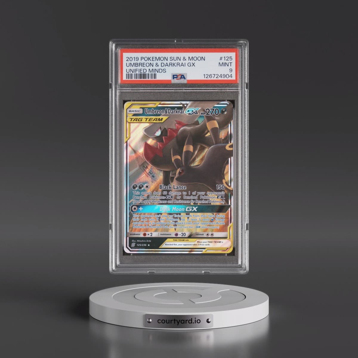 2019 Pokémon Sun & Moon Unified Minds #125 Umbreon & Darkrai GX - Holo (PSA 9 MINT)