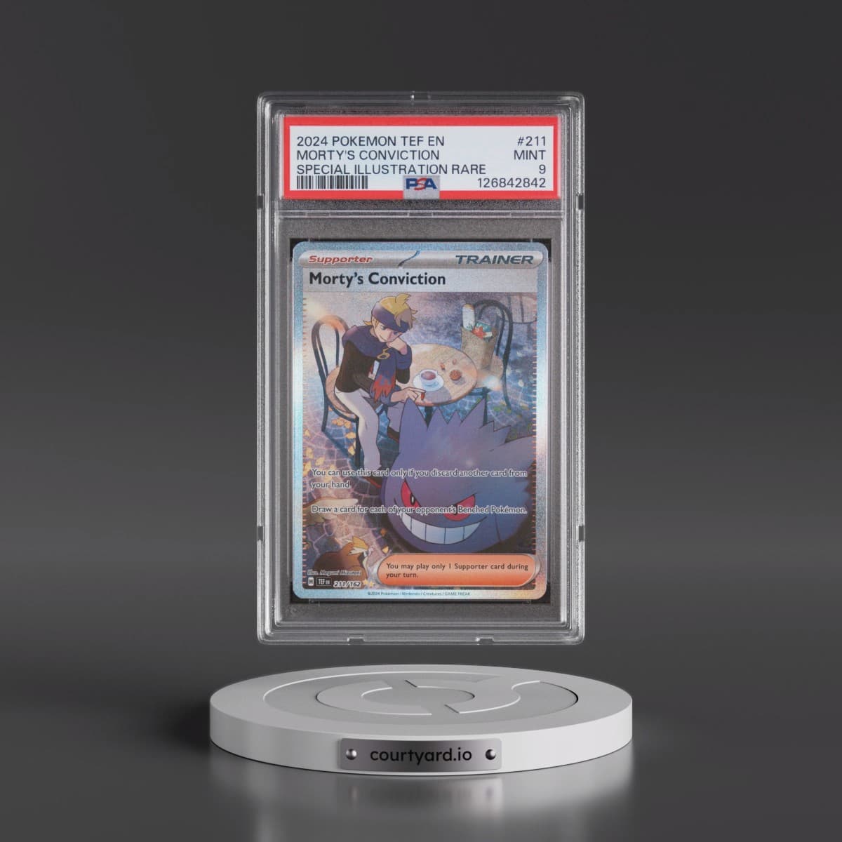 2024 Pokémon Tef EN-Temporal Forces #211 Morty's Conviction - Special Illustration Rare (PSA 9 MINT)