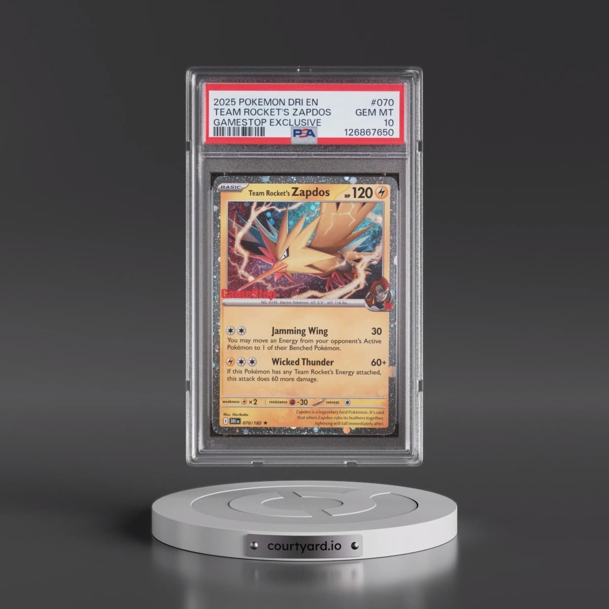 2025 Pokémon Dri EN-Destined Rivals #070 Team Rocket's Zapdos - Gamestop Exclusive (PSA 10 GEM MINT)