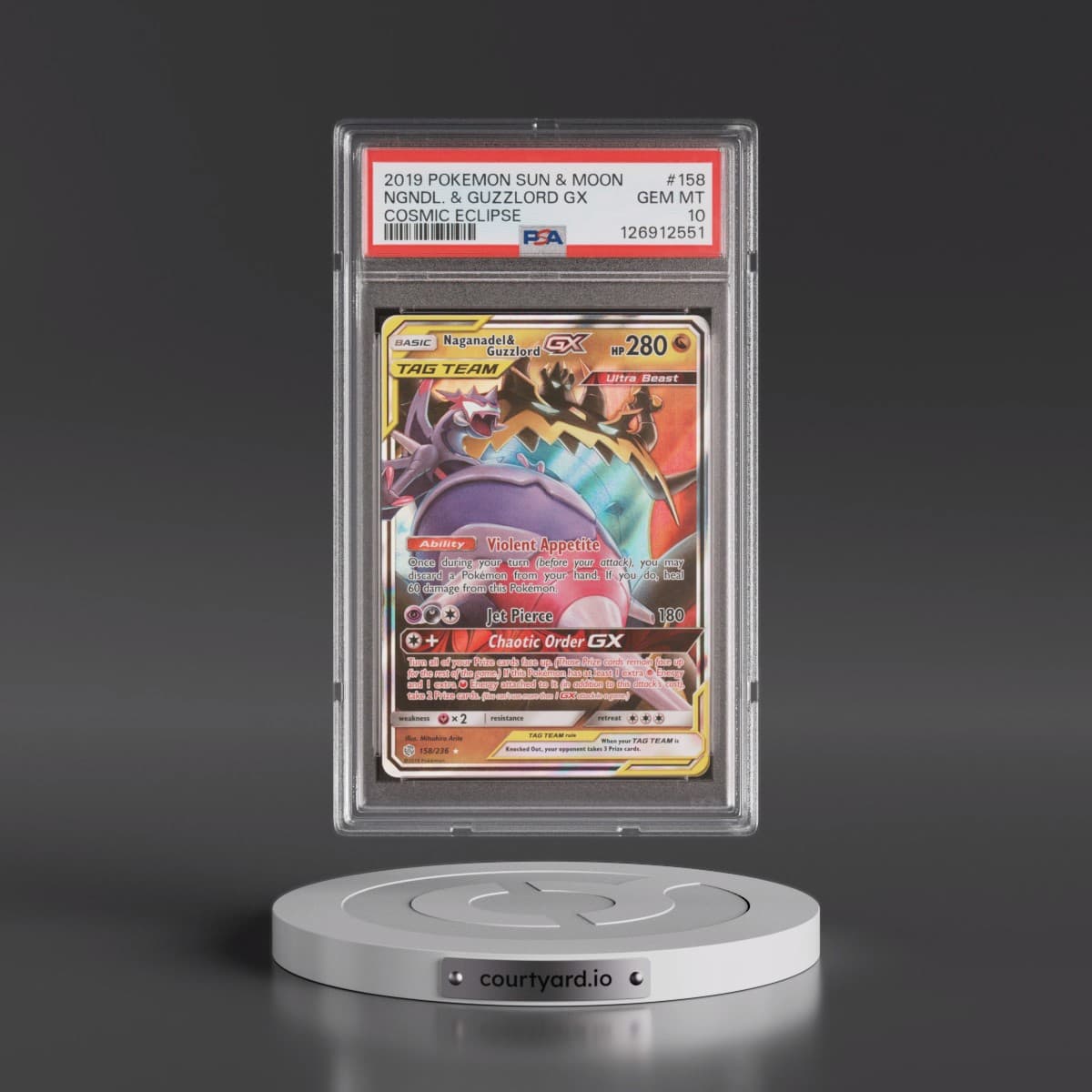 2019 Pokémon Sun & Moon Cosmic Eclipse #158 Naganadel & Guzzlord GX - Holo (PSA 10 GEM MINT)