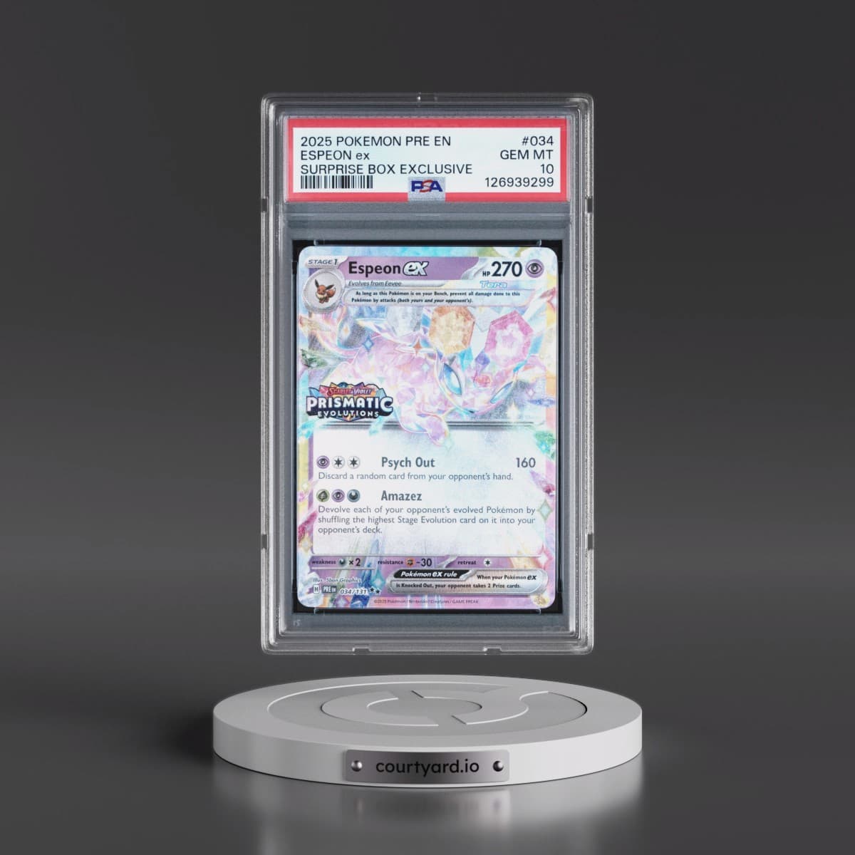 2025 Pokémon Pre EN-Prismatic Evolutions #034 Espeon EX - Holo Surprise Box Exclusive (PSA 10 GEM MINT)