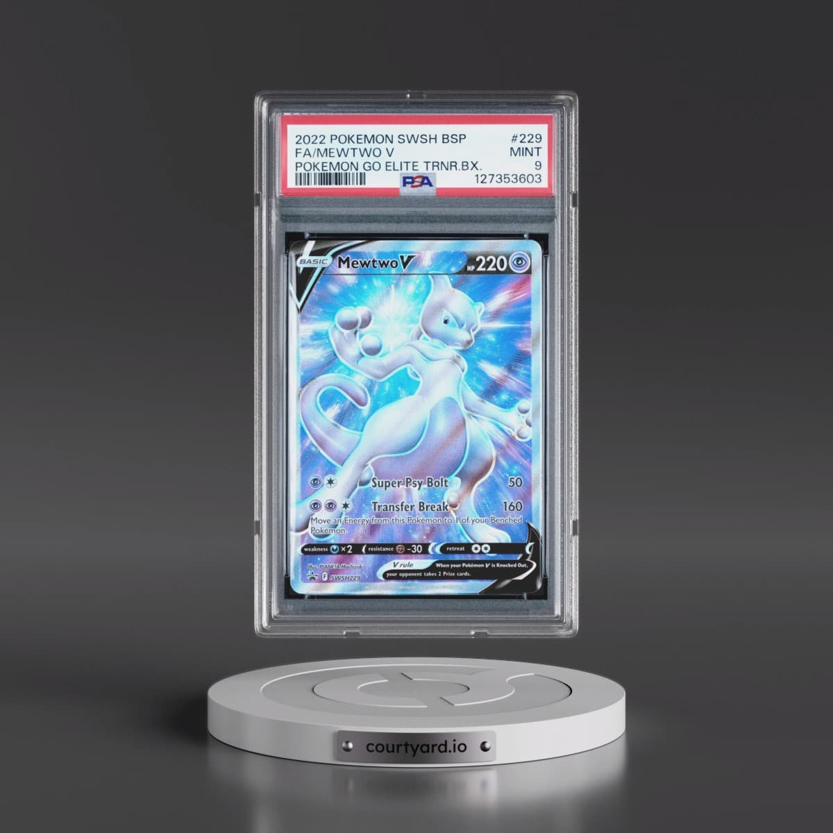 2022 Pokémon Swsh Black Star Promo #229 Mewtwo V - Holo Full Art Pokemon Go Elite Trainer Box (PSA 9 MINT)