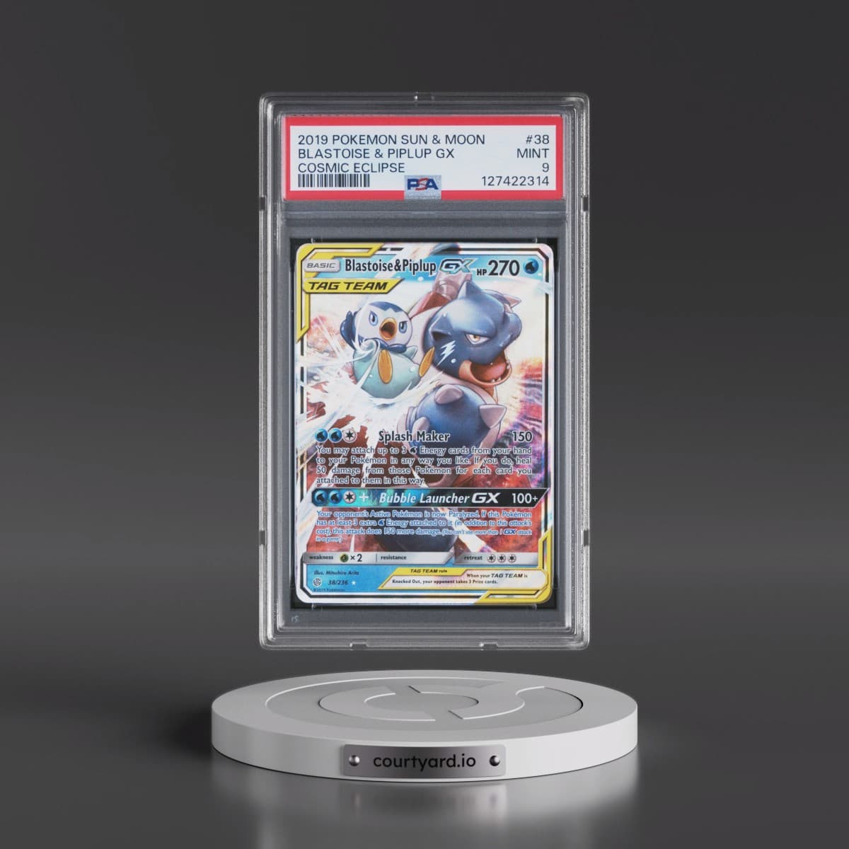 2019 Pokémon Sun & Moon Cosmic Eclipse #38 Blastoise & Piplup GX - Holo (PSA 9 MINT)