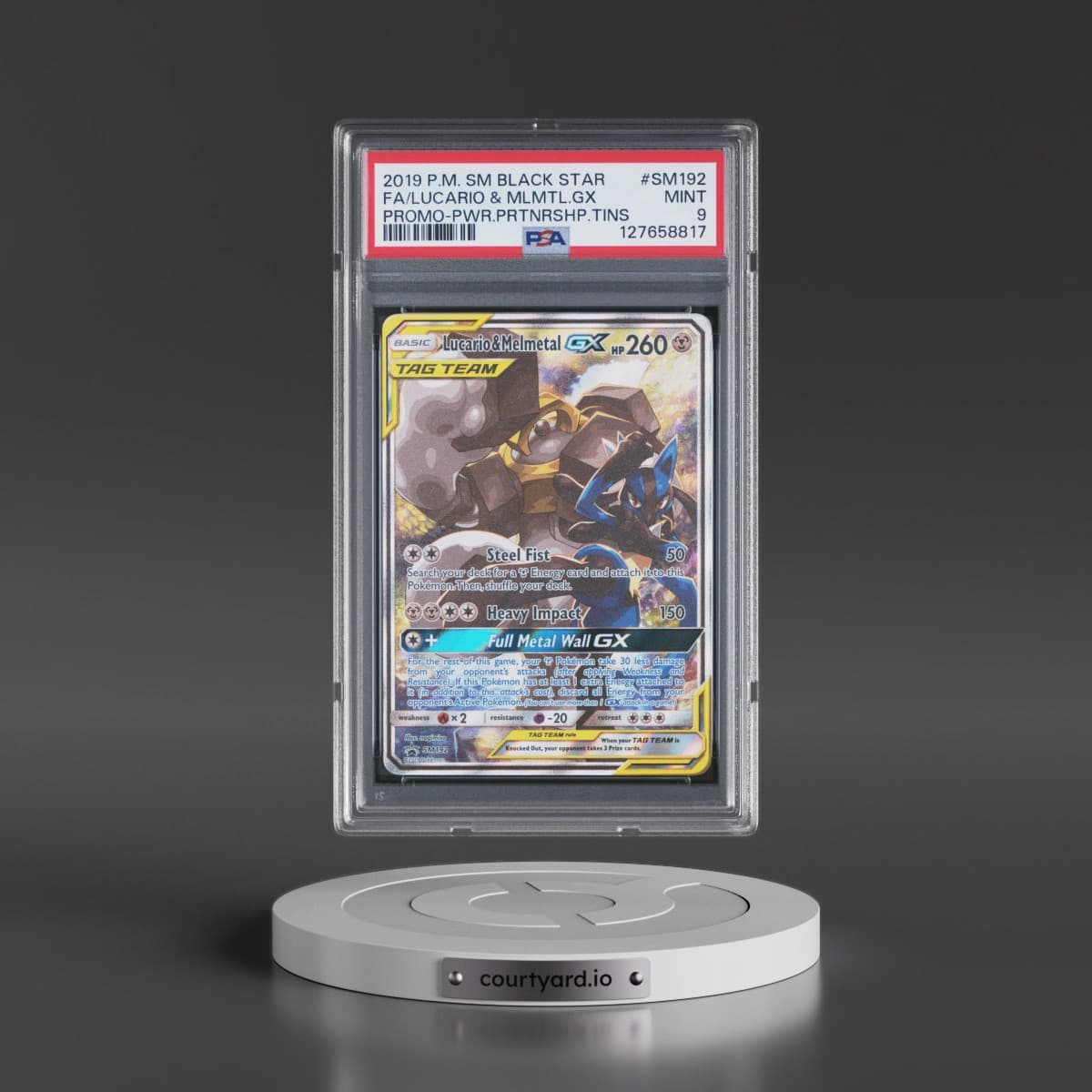 2019 Pokémon SM Black Star Promo #SM192 Lucario & Melmetal GX - Holo Full Art Power Partnership Tins (PSA 9 MINT)