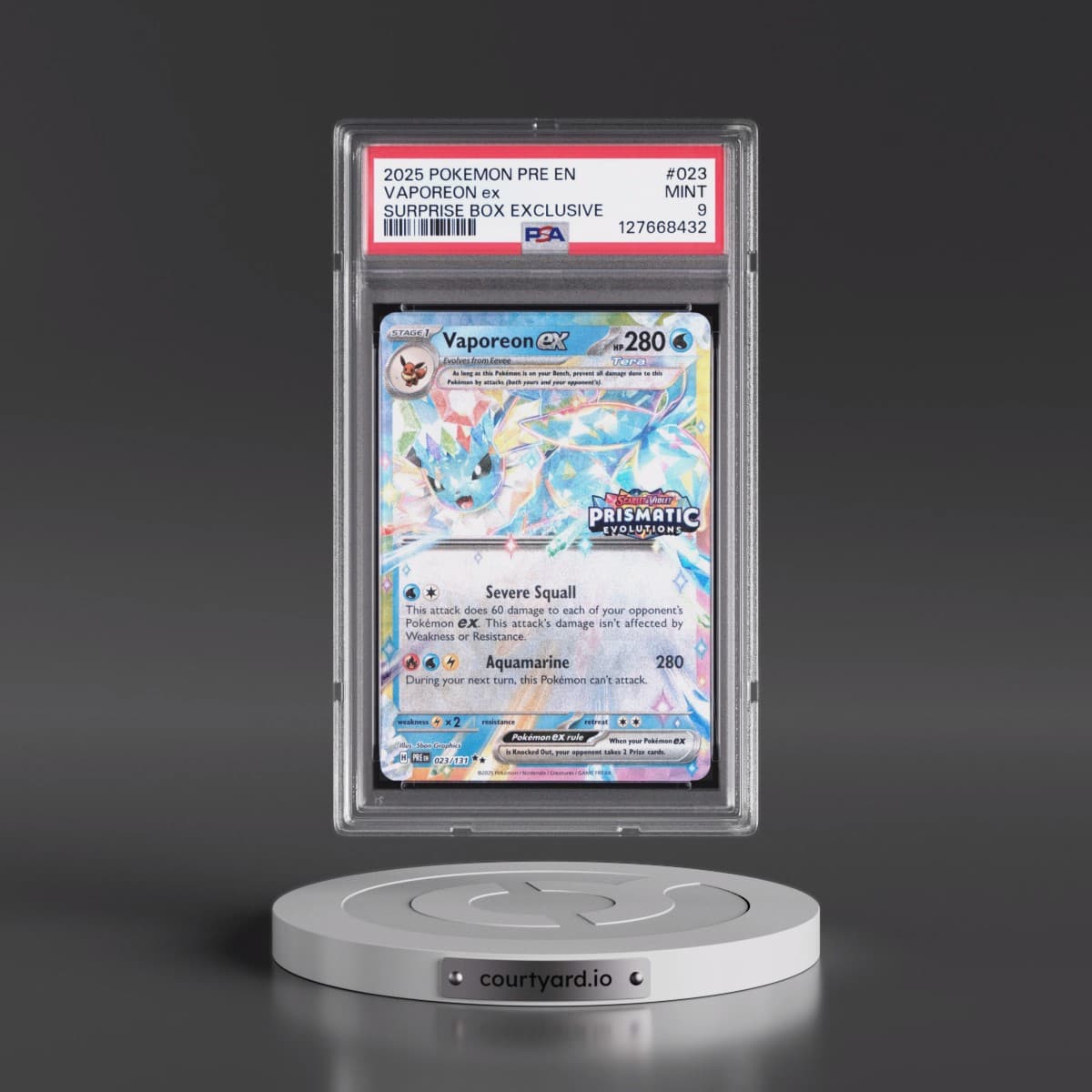 2025 Pokémon Pre EN-Prismatic Evolutions #023 Vaporeon EX - Holo Surprise Box Exclusive (PSA 9 MINT)