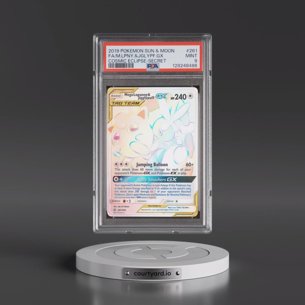 2019 Pokémon Sun & Moon Cosmic Eclipse #261 Mega-Lopunny & Jigglypuff GX - Holo Full Art Secret (PSA 9 MINT)