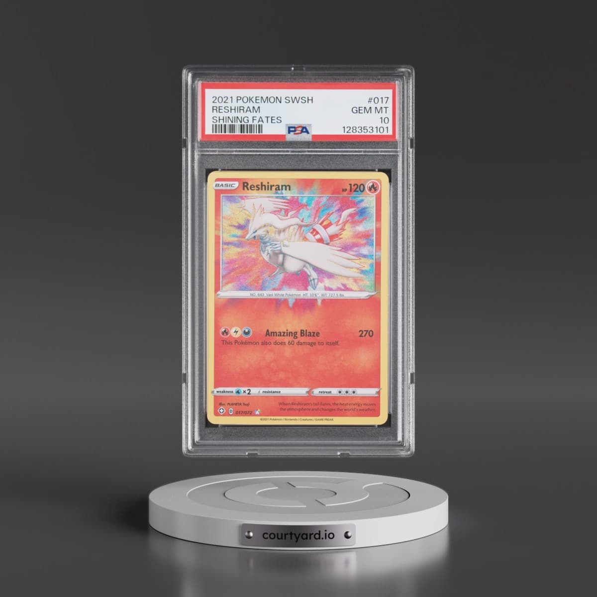 2021 Pokémon Sword & Shield Shining Fates #017 Reshiram (PSA 10 GEM MINT)