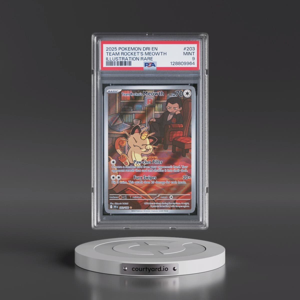 2025 Pokémon Dri EN-Destined Rivals #203 Team Rocket's Meowth - Illustration Rare (PSA 9 MINT)