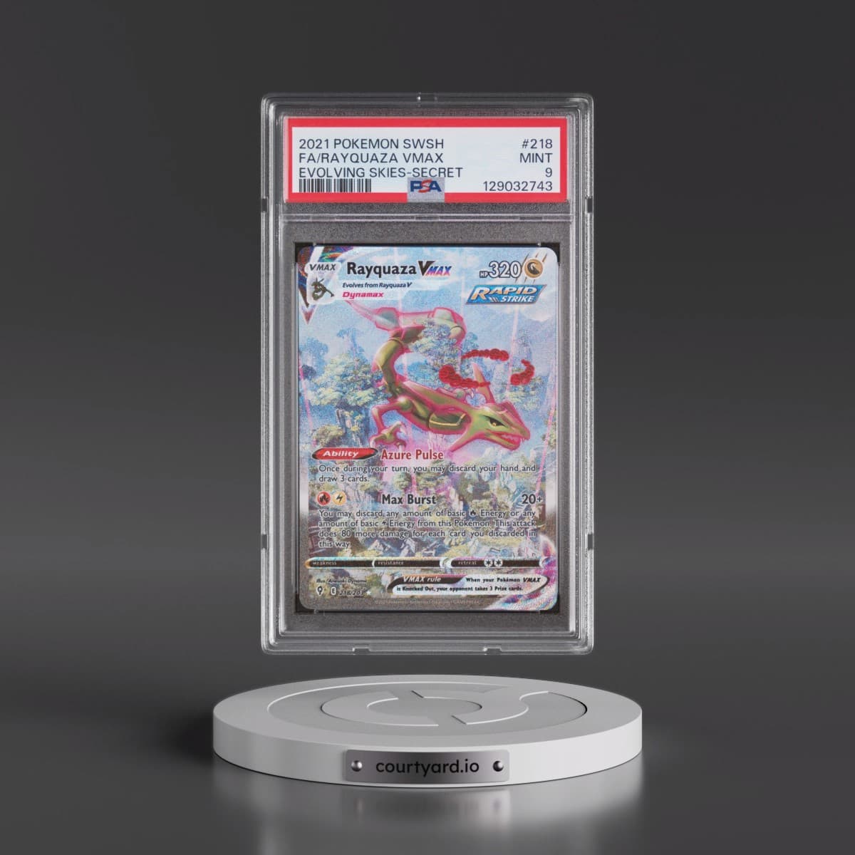 2021 Pokémon Sword & Shield Evolving Skies #218 Rayquaza Vmax - Full Art Secret (PSA 9 MINT)