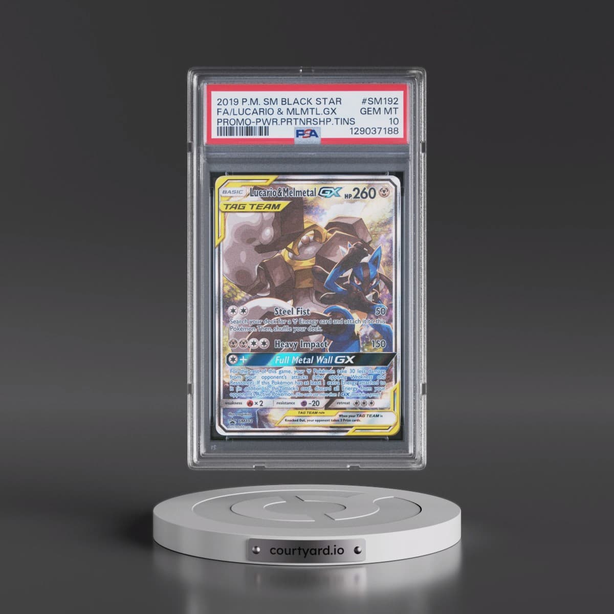 2019 Pokémon SM Black Star Promo #SM192 Lucario & Melmetal GX - Holo Full Art Power Partnership Tins (PSA 10 GEM MINT)