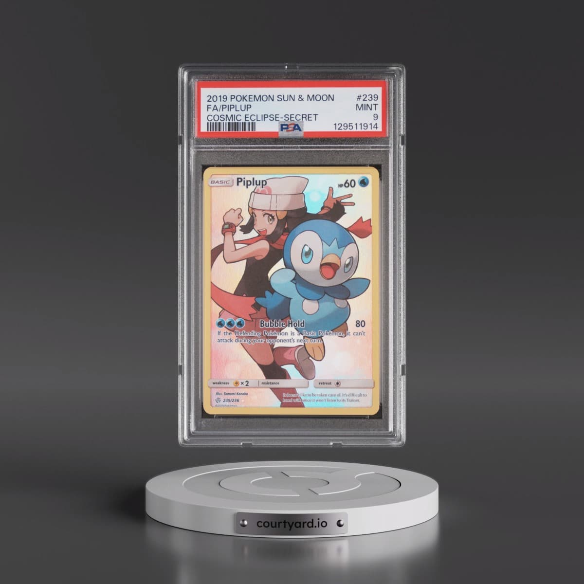 2019 Pokémon Sun & Moon Cosmic Eclipse #239 Piplup - Full Art Secret (PSA 9 MINT)