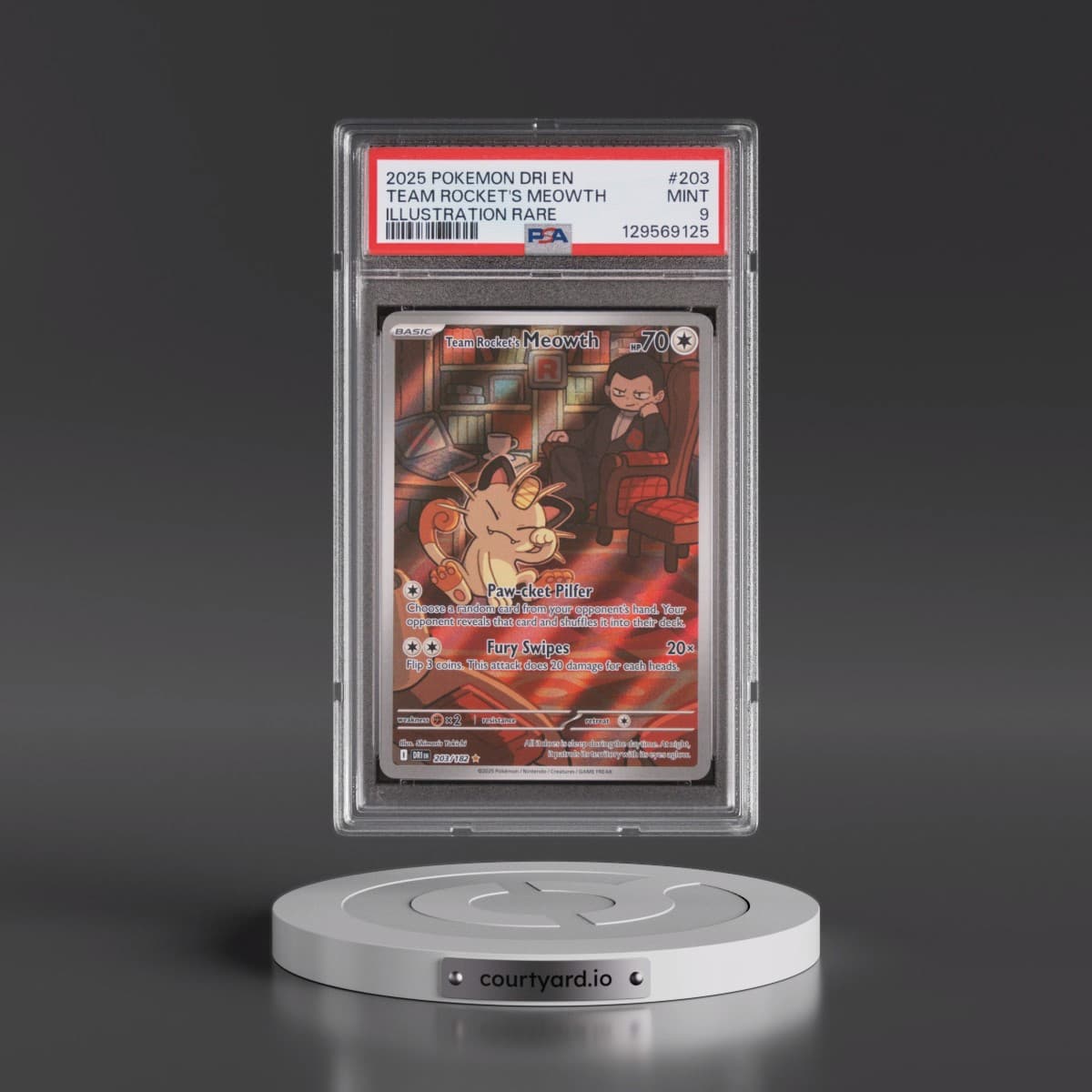 2025 Pokémon Dri EN-Destined Rivals #203 Team Rocket's Meowth - Illustration Rare (PSA 9 MINT)