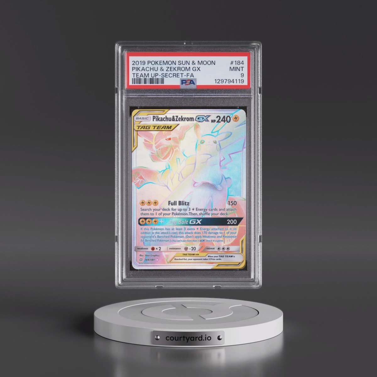 2019 Pokémon Sun & Moon Team Up #184 Pikachu & Zekrom GX - Holo Full Art Secret (PSA 9 MINT)