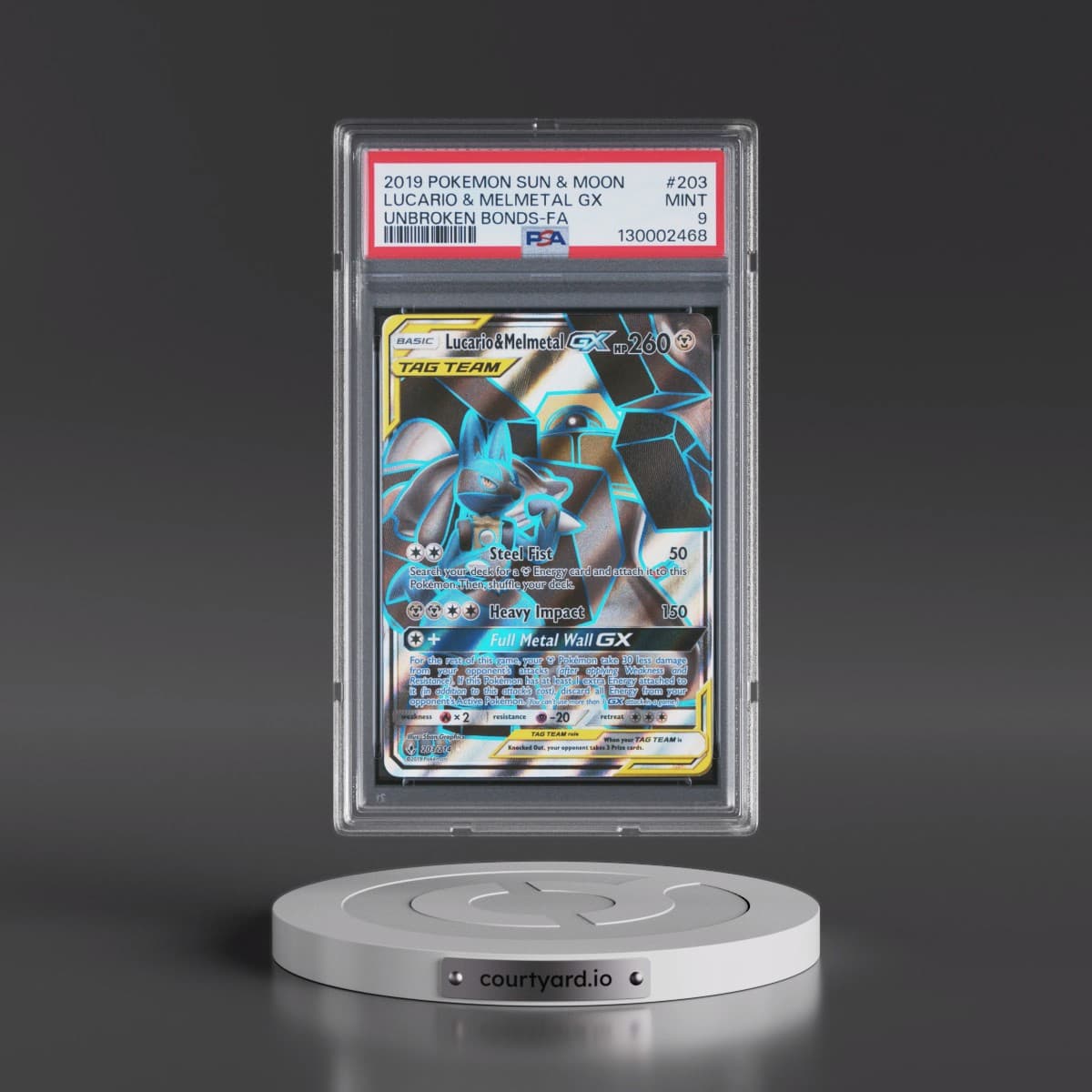 2019 Pokémon Sun & Moon Unbroken Bonds #203 Lucario & Melmetal GX - Holo Full Art (PSA 9 MINT)