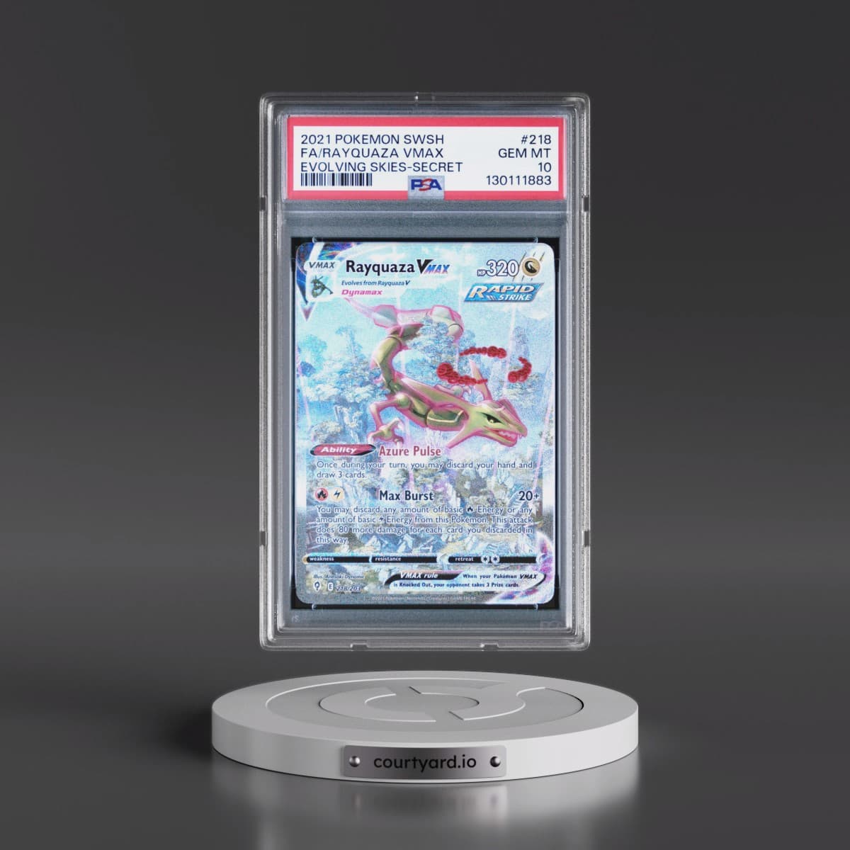 2021 Pokémon Sword & Shield Evolving Skies #218 Rayquaza Vmax - Full Art Secret (PSA 10 GEM MINT)