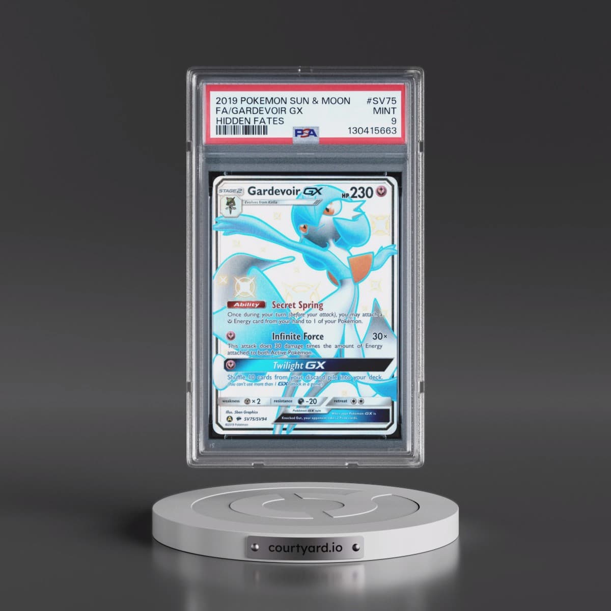 2019 Pokémon Sun & Moon Hidden Fates #SV75 Gardevoir GX - Holo Full Art (PSA 9 MINT)