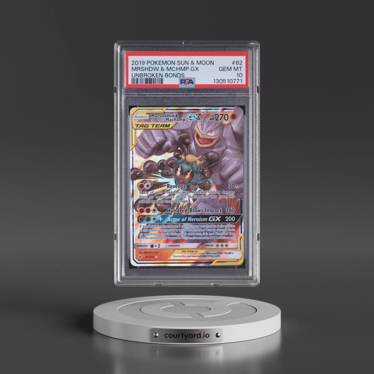 2019 Pokémon Sun & Moon Unbroken Bonds #82 Marshadow & Machamp GX - Holo (PSA 10 GEM MINT)