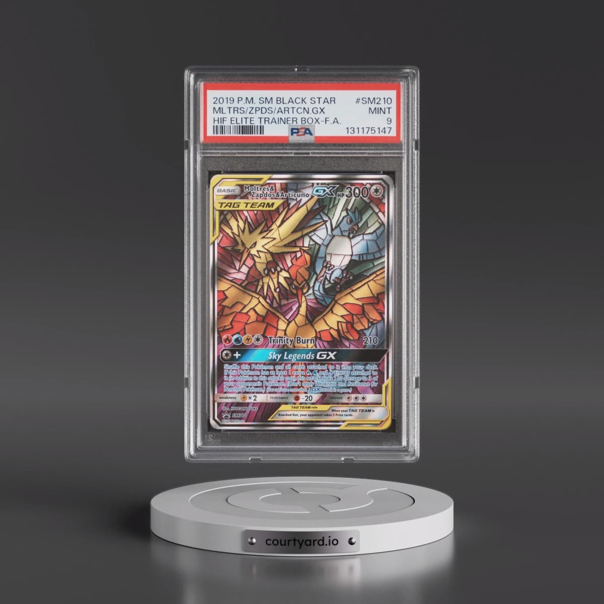 2019 Pokémon SM Black Star Promo #SM210 Moltres & Zapdos & Articuno GX - Holo Full Art Hidden Fates Elite Trainer Box (PSA 9 MINT)