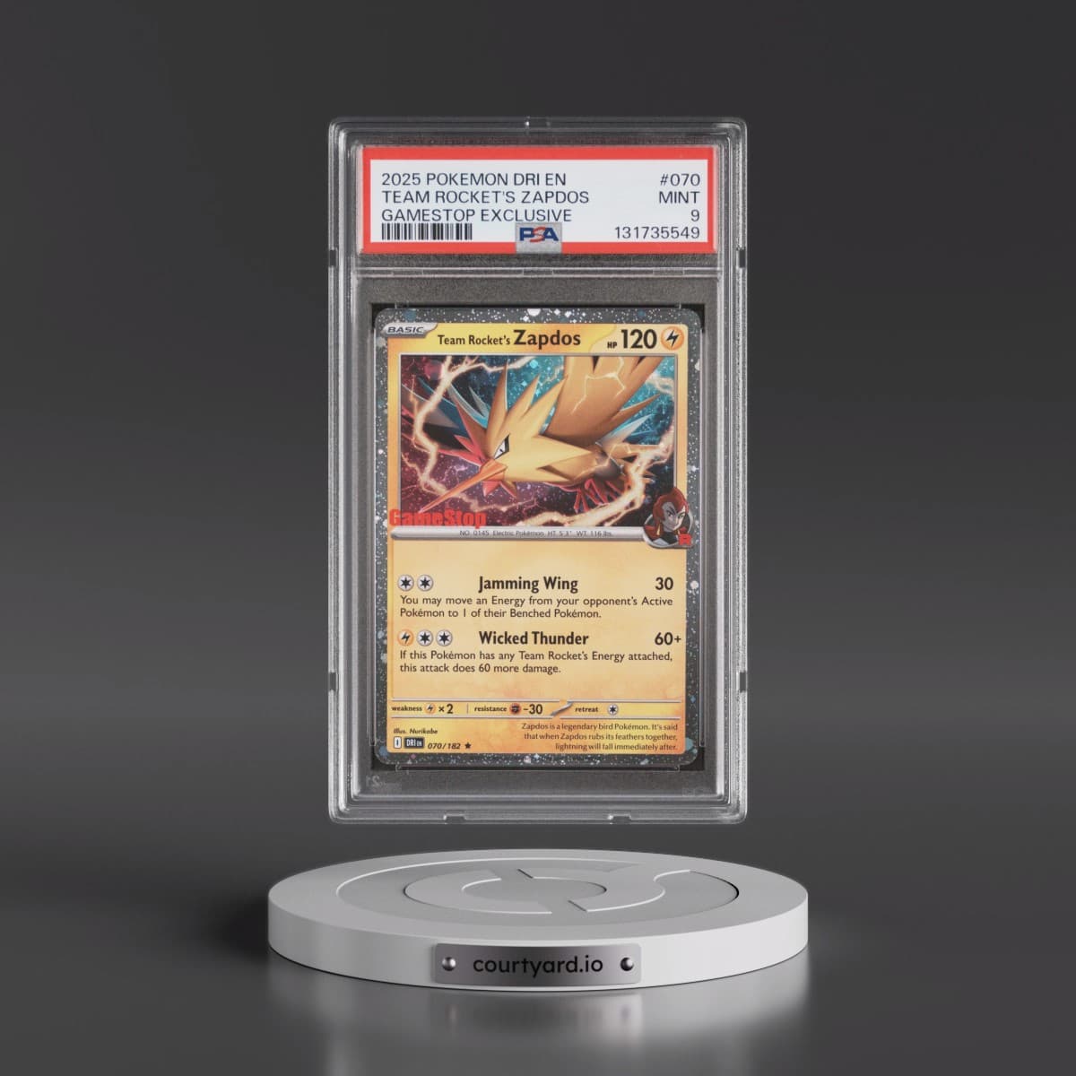 2025 Pokémon Dri EN-Destined Rivals #070 Team Rocket's Zapdos - Gamestop Exclusive (PSA 9 MINT)
