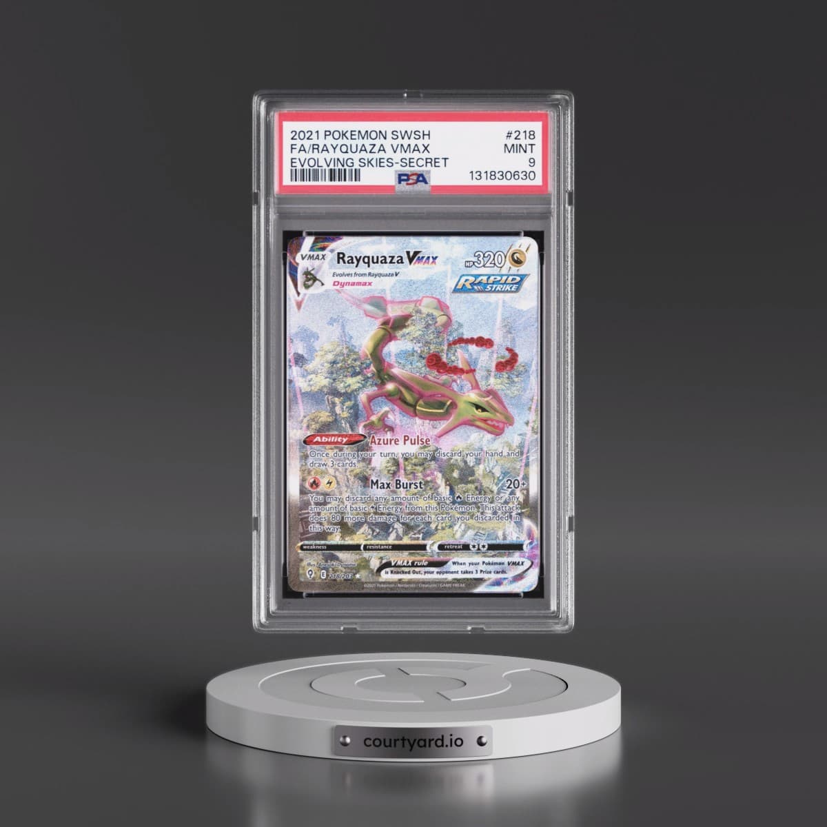 2021 Pokémon Sword & Shield Evolving Skies #218 Rayquaza Vmax - Full Art Secret (PSA 9 MINT)