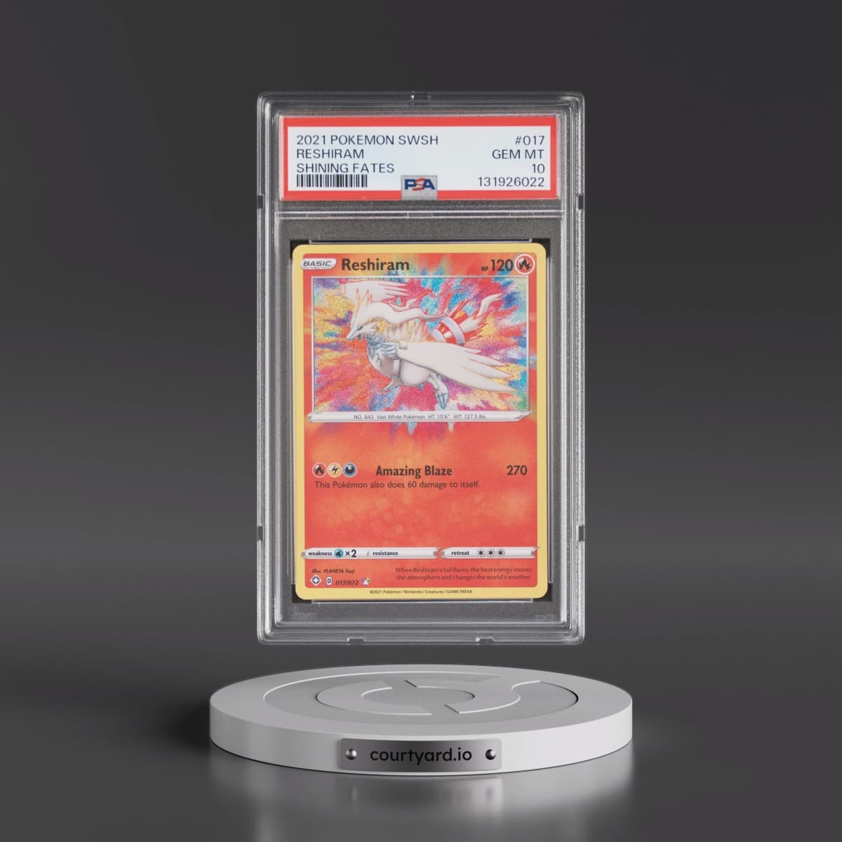 2021 Pokémon Sword & Shield Shining Fates #017 Reshiram (PSA 10 GEM MINT)