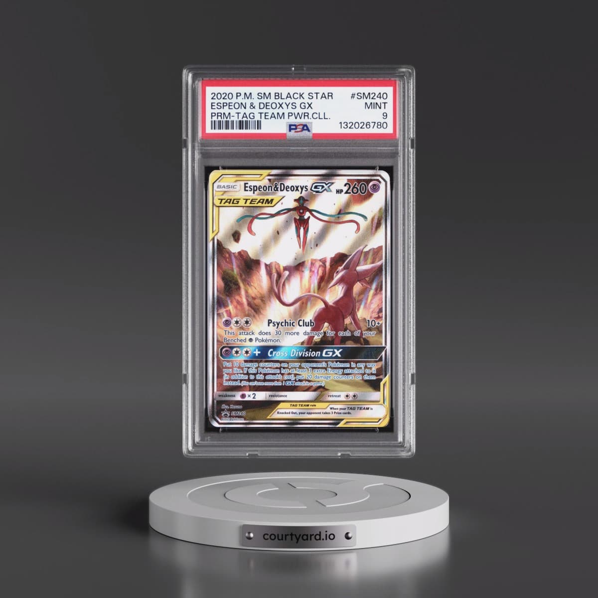 2020 Pokémon SM Black Star Promo #SM240 Espeon & Deoxys GX - Holo Tag Team Powers Collection (PSA 9 MINT)