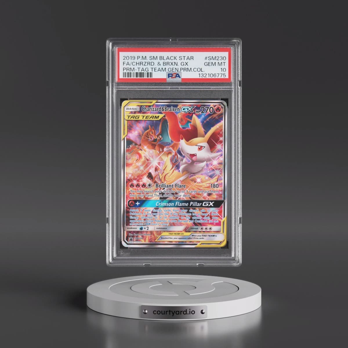 2019 Pokémon SM Black Star Promo #SM230 Charizard & Braixen GX - Holo Full Art Tag Team Generations Premium Collection (PSA 10 GEM MINT)