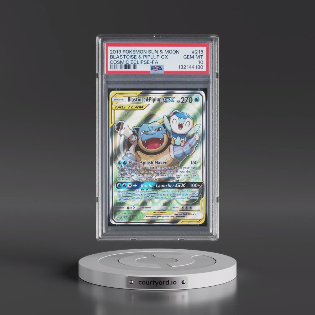 2019 Pokémon Sun & Moon Cosmic Eclipse #215 Blastoise & Piplup GX - Holo Full Art (PSA 10 GEM MINT)