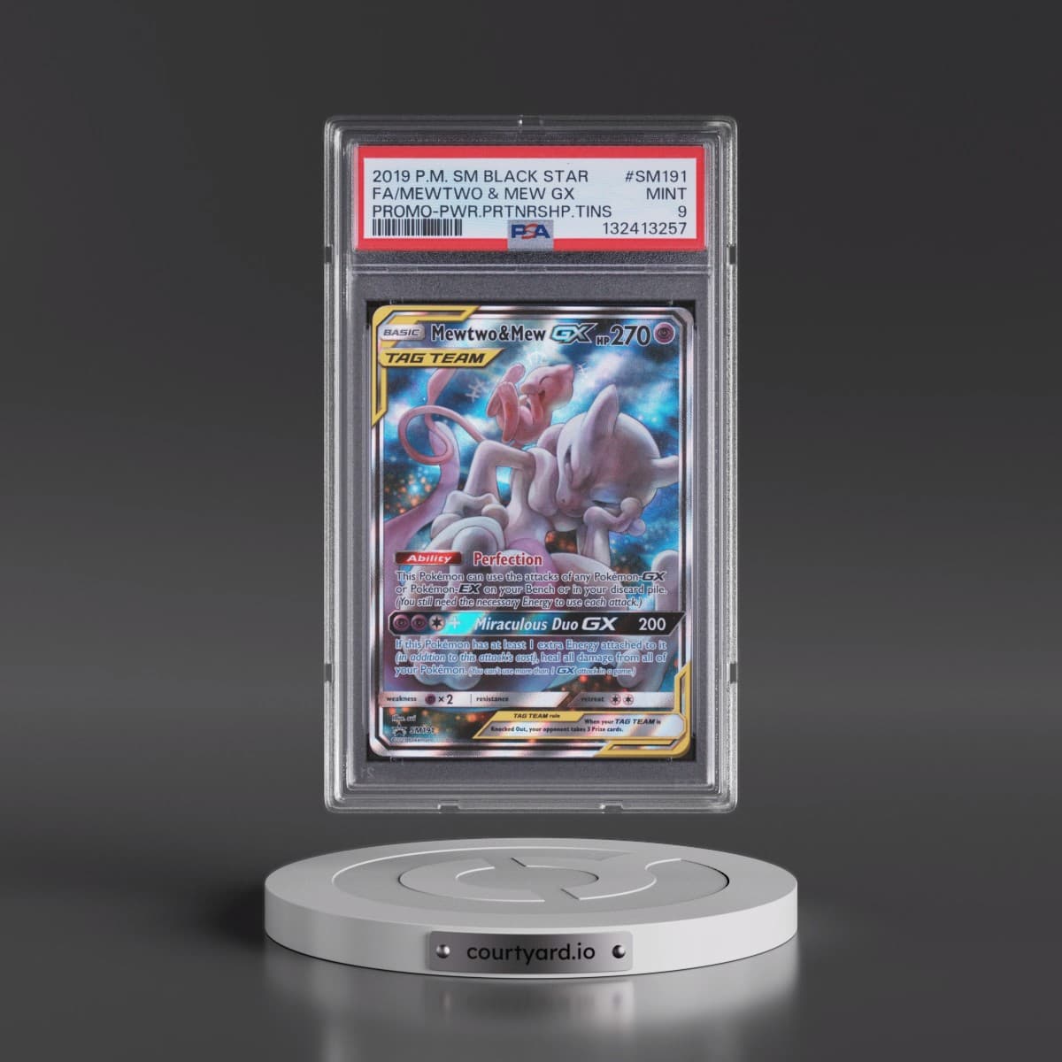 2019 Pokémon SM Black Star Promo #SM191 Mewtwo & Mew GX - Holo Full Art Power Partnership Tins (PSA 9 MINT)