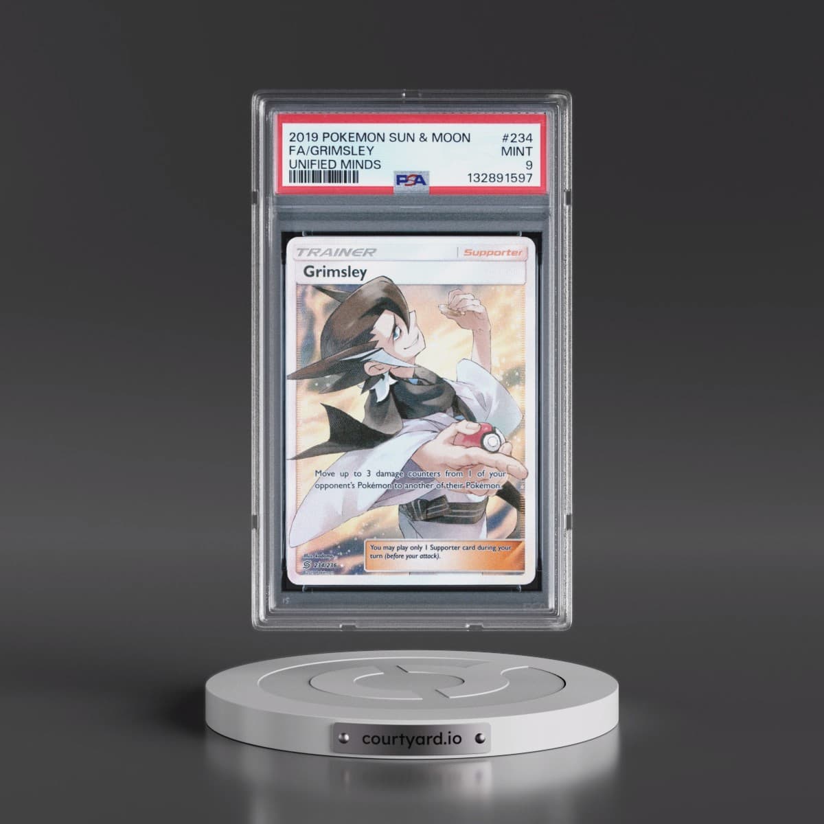 2019 Pokémon Sun & Moon Unified Minds #234 Grimsley - Full Art (PSA 9 MINT)