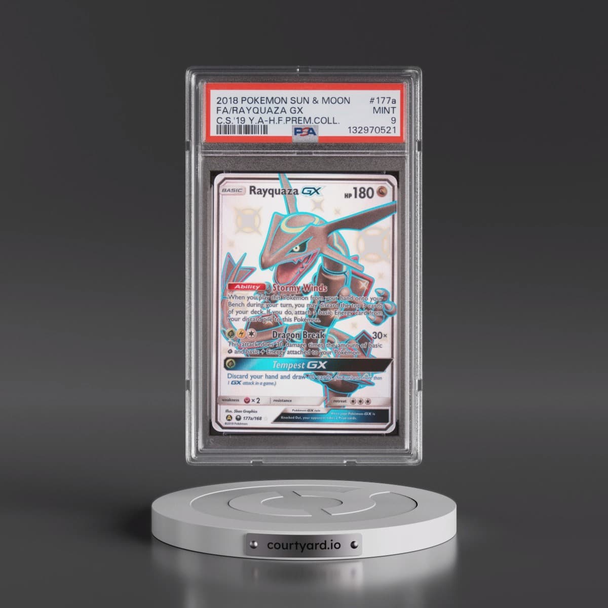 2018 Pokémon Sun & Moon Celestial Storm #177a Rayquaza GX - Holo Full Art 2019 Yellow A Hidden Fates Premium Collection (PSA 9 MINT)