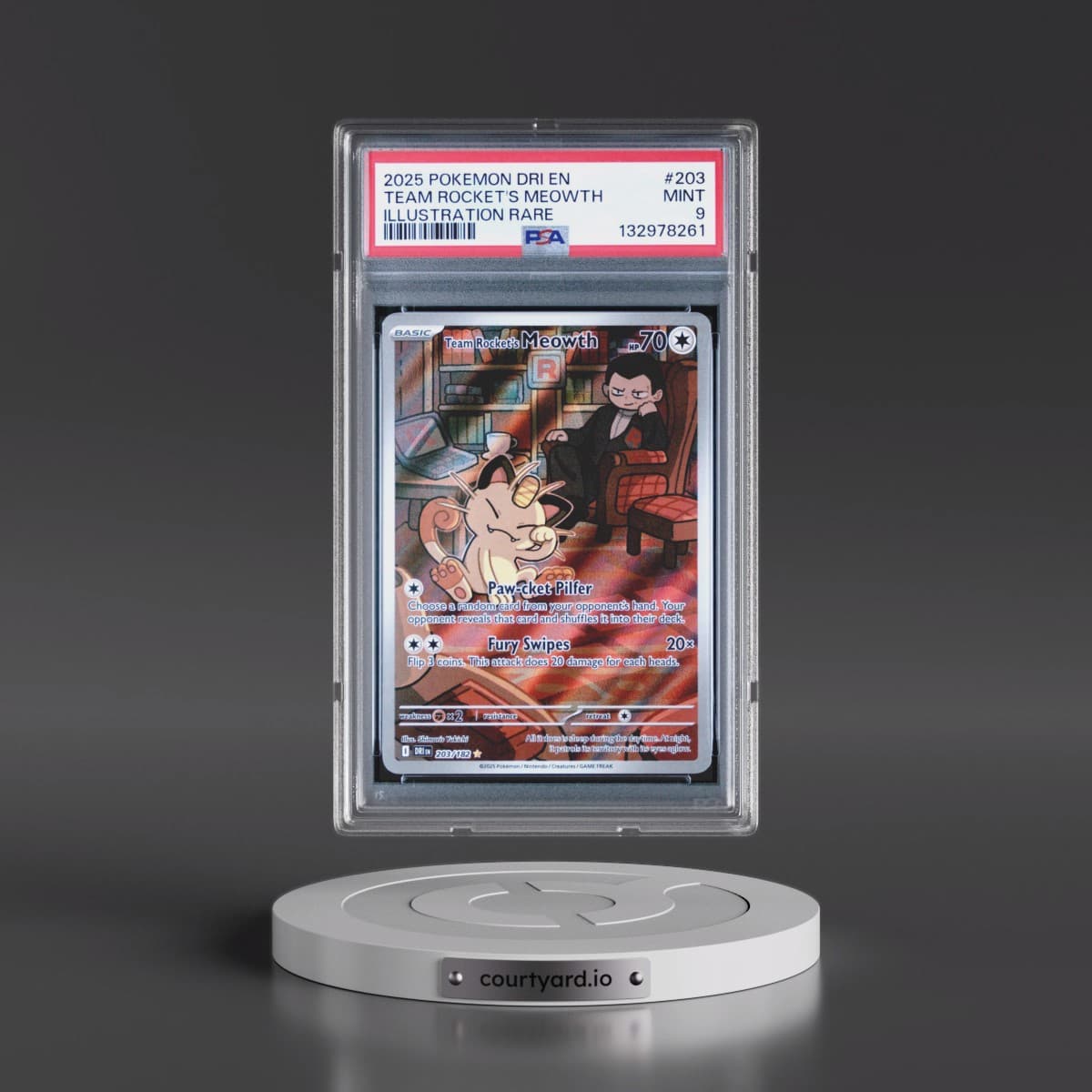 2025 Pokémon Dri EN-Destined Rivals #203 Team Rocket's Meowth - Illustration Rare (PSA 9 MINT)