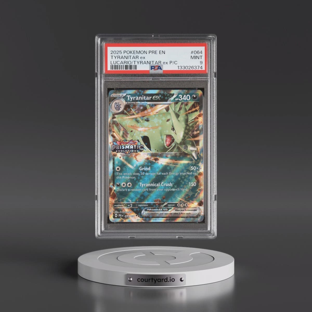 2025 Pokémon Pre EN-Prismatic Evolutions #064 Tyranitar EX - Holo Lucario EX & Tyranitar EX Premium Collection (PSA 9 MINT)