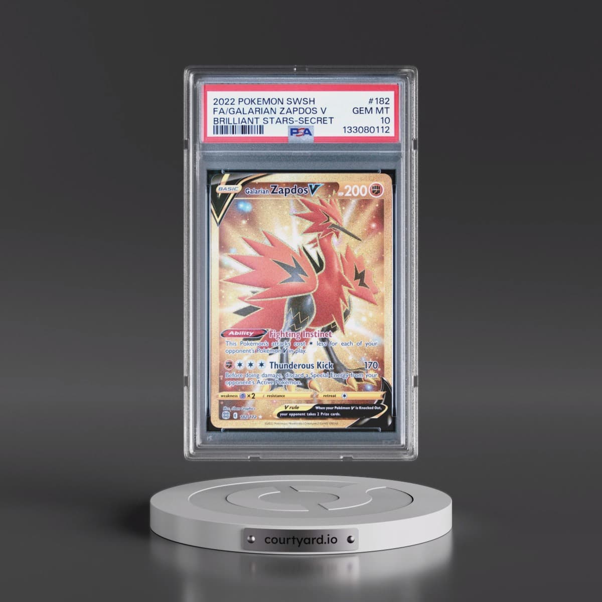 2022 Pokémon Sword & Shield Brilliant Stars #182 Galarian Zapdos V - Holo Full Art Secret (PSA 10 GEM MINT)