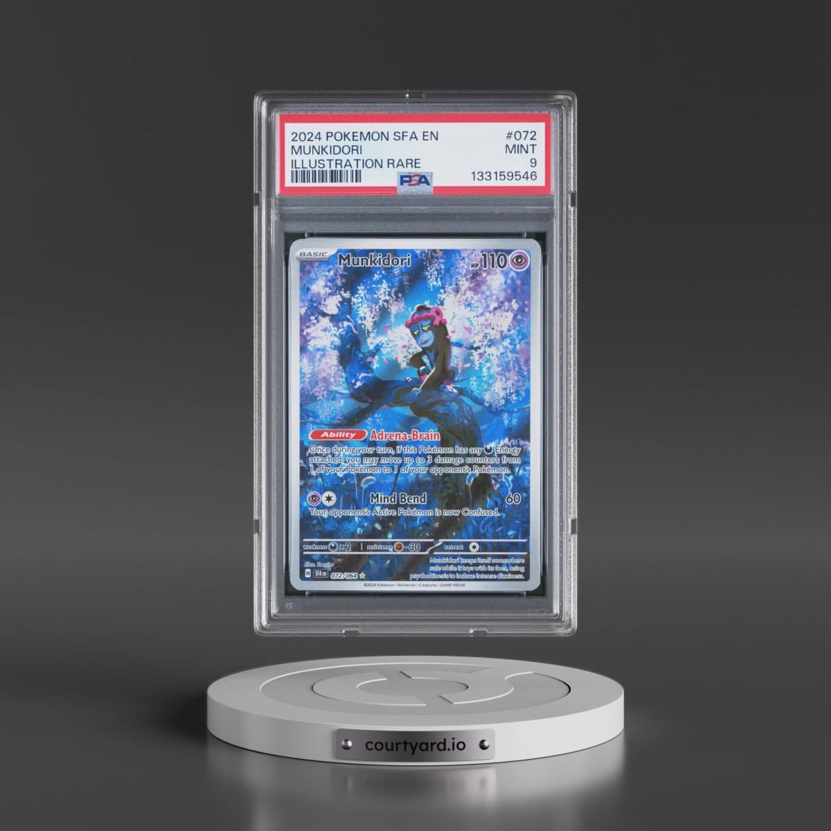 2024 Pokémon Sfa EN-Shrouded Fable #072 Munkidori - Illustration Rare (PSA 9 MINT)