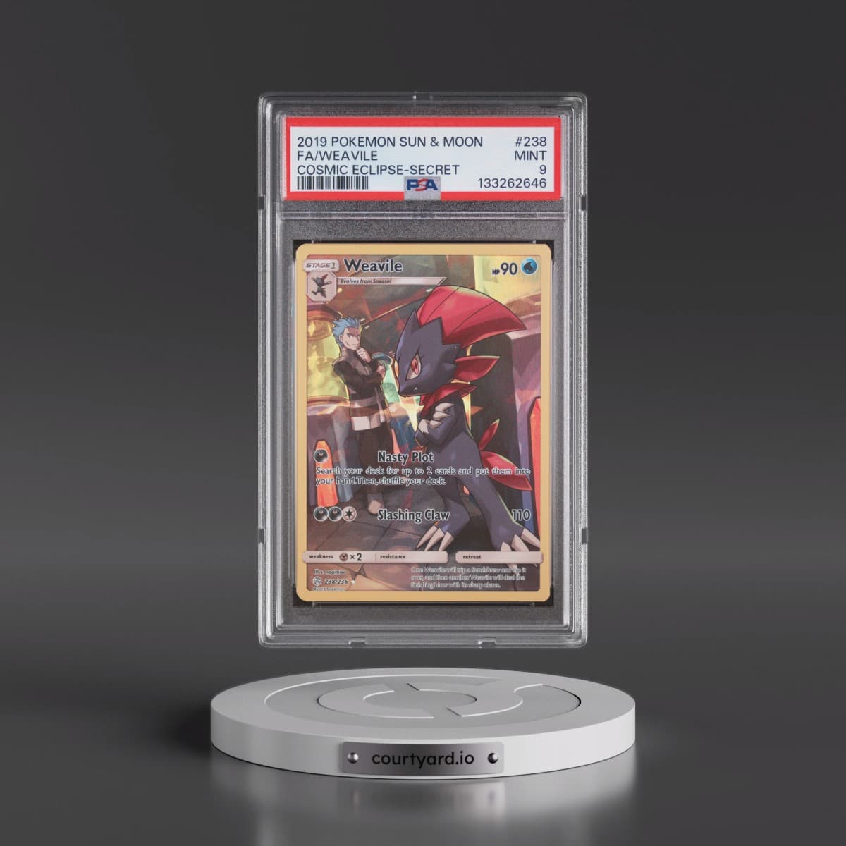 2019 Pokémon Sun & Moon Cosmic Eclipse #238 Weavile - Full Art Secret (PSA 9 MINT)