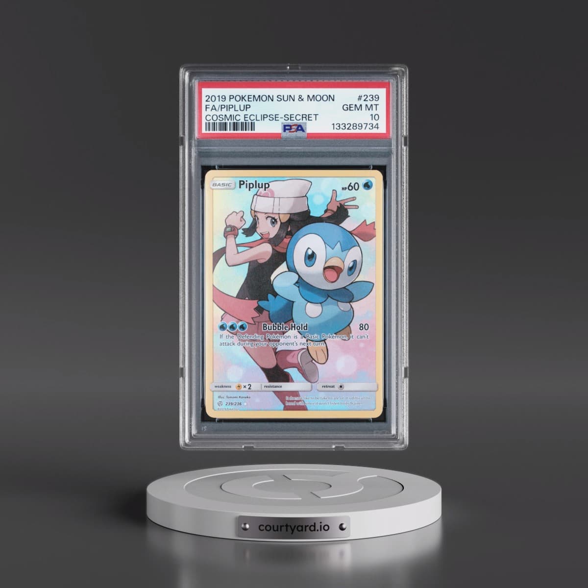 2019 Pokémon Sun & Moon Cosmic Eclipse #239 Piplup - Full Art Secret (PSA 10 GEM MINT)
