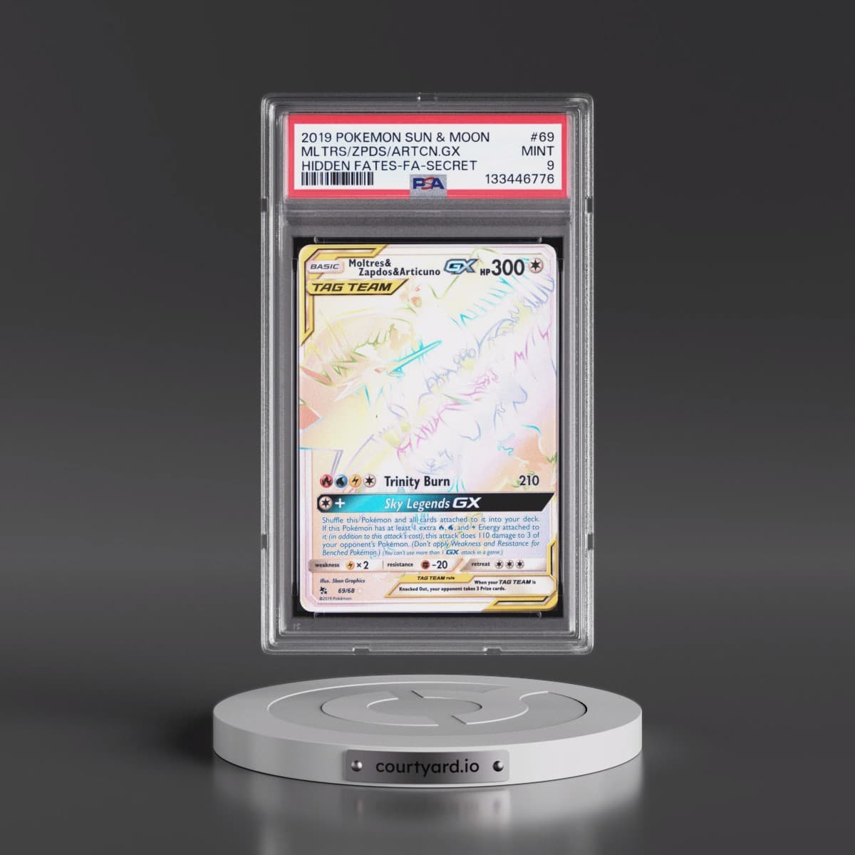 2019 Pokémon Sun & Moon Hidden Fates #69 Moltres & Zapdos & Articuno GX - Holo Full Art Secret (PSA 9 MINT)