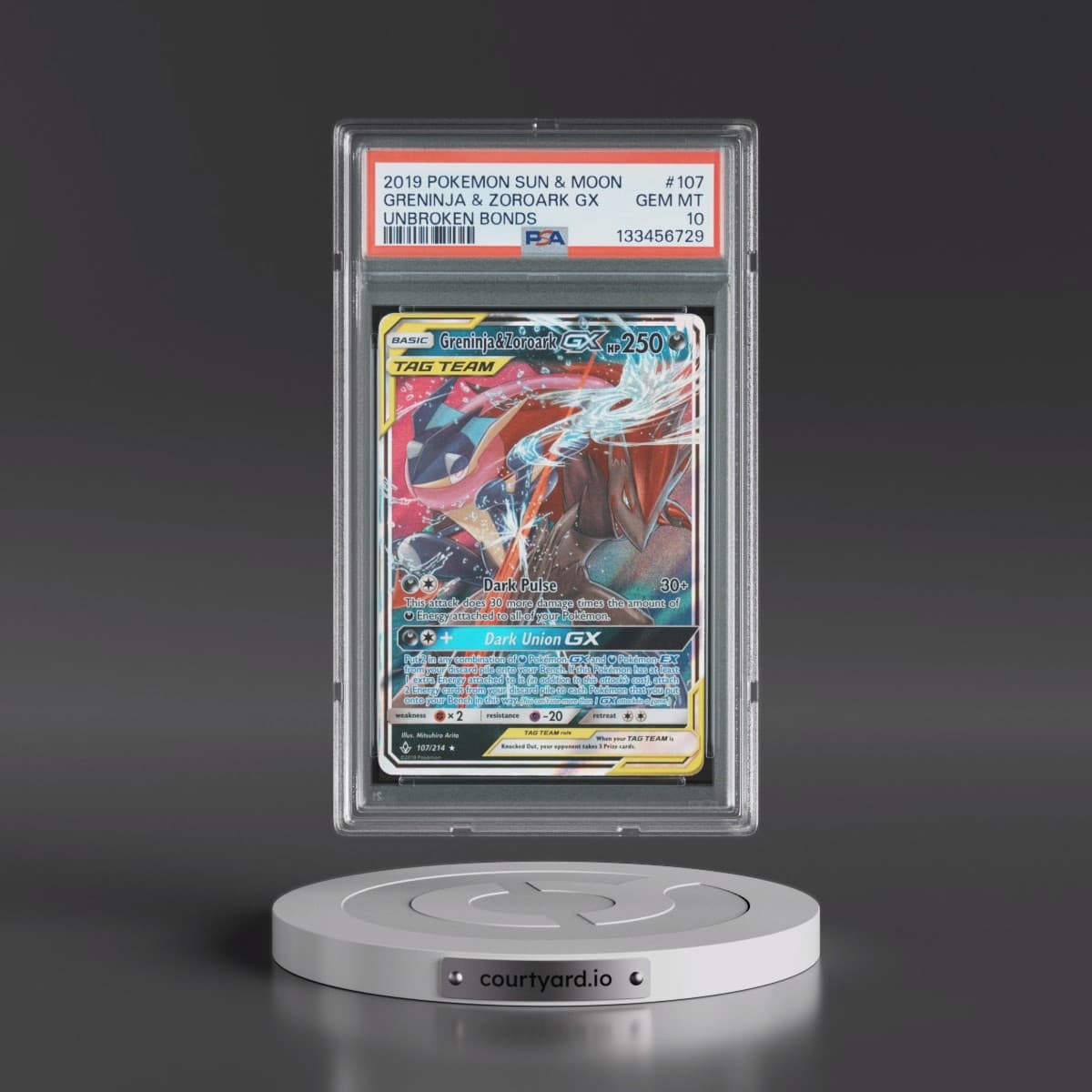 2019 Pokémon Sun & Moon Unbroken Bonds #107 Greninja & Zoroark GX - Holo (PSA 10 GEM MINT)