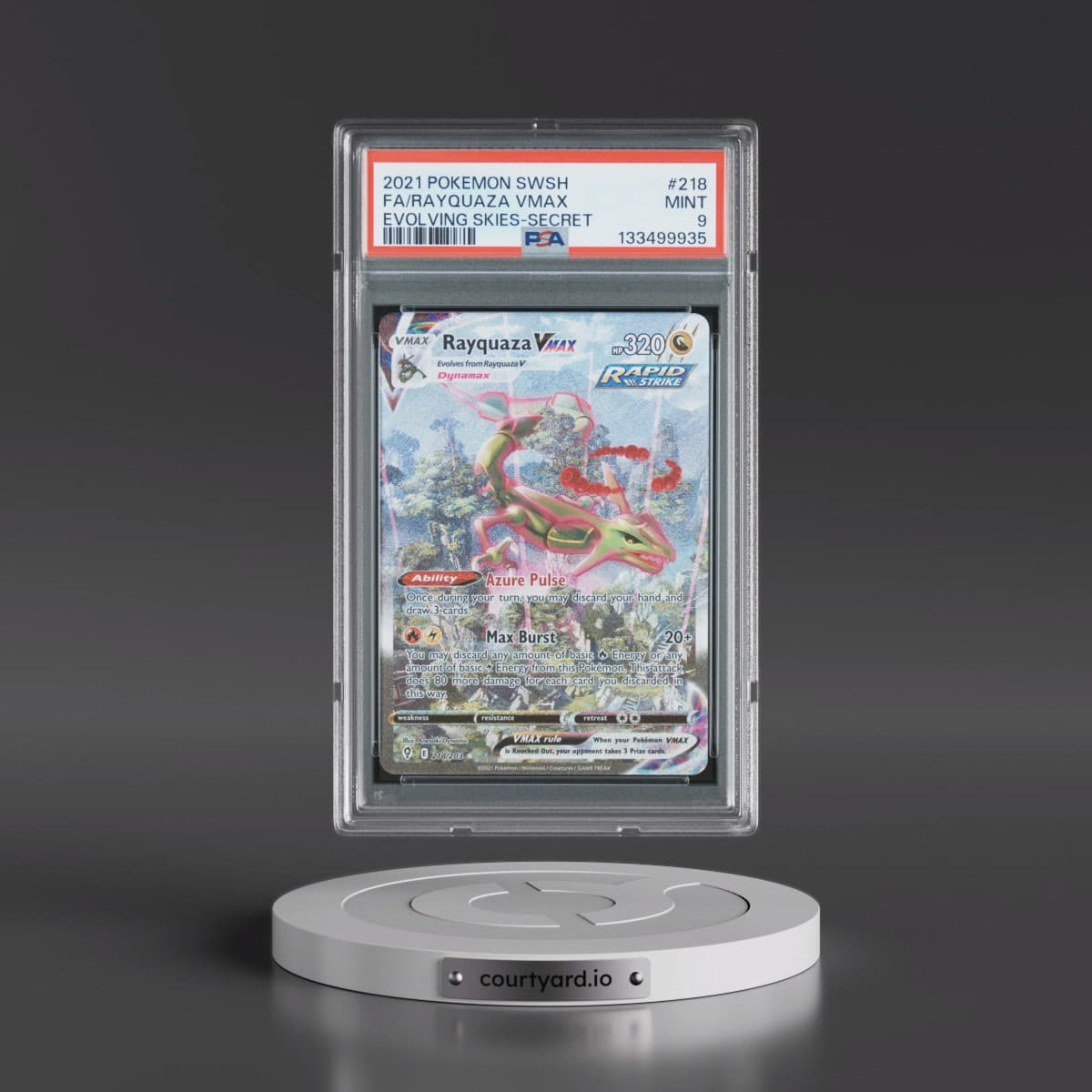 2021 Pokémon Sword & Shield Evolving Skies #218 Rayquaza Vmax - Full Art Secret (PSA 9 MINT)