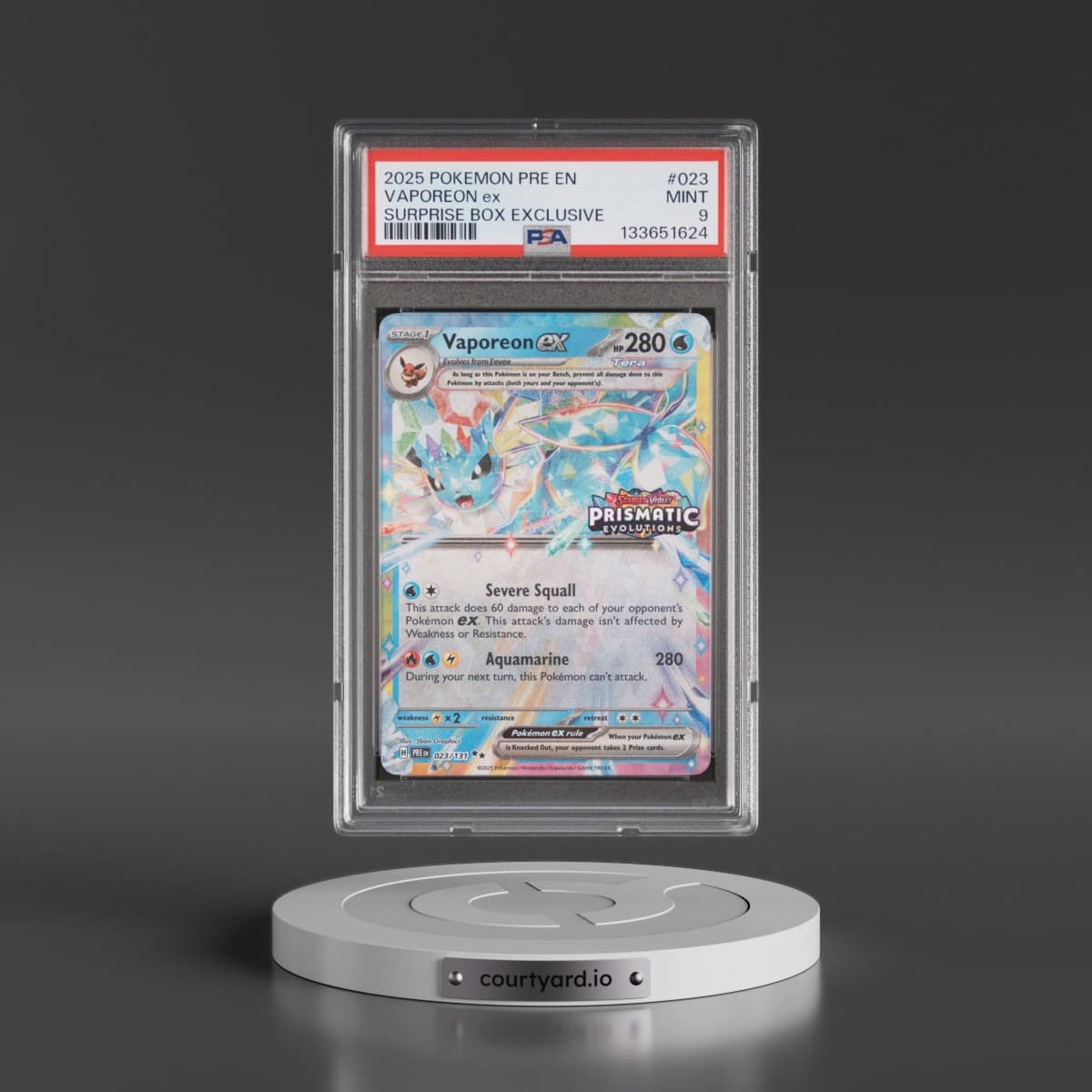 2025 Pokémon Pre EN-Prismatic Evolutions #023 Vaporeon EX - Holo Surprise Box Exclusive (PSA 9 MINT)