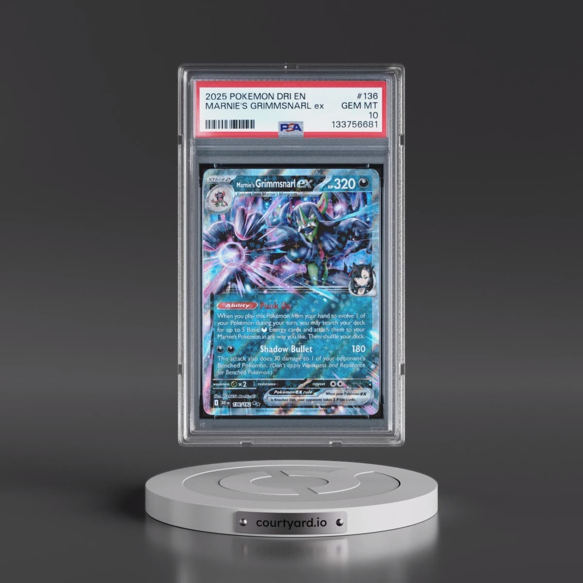 2025 Pokémon Dri EN-Destined Rivals #136 Marnie's Grimmsnarl EX - Holo (PSA 10 GEM MINT)
