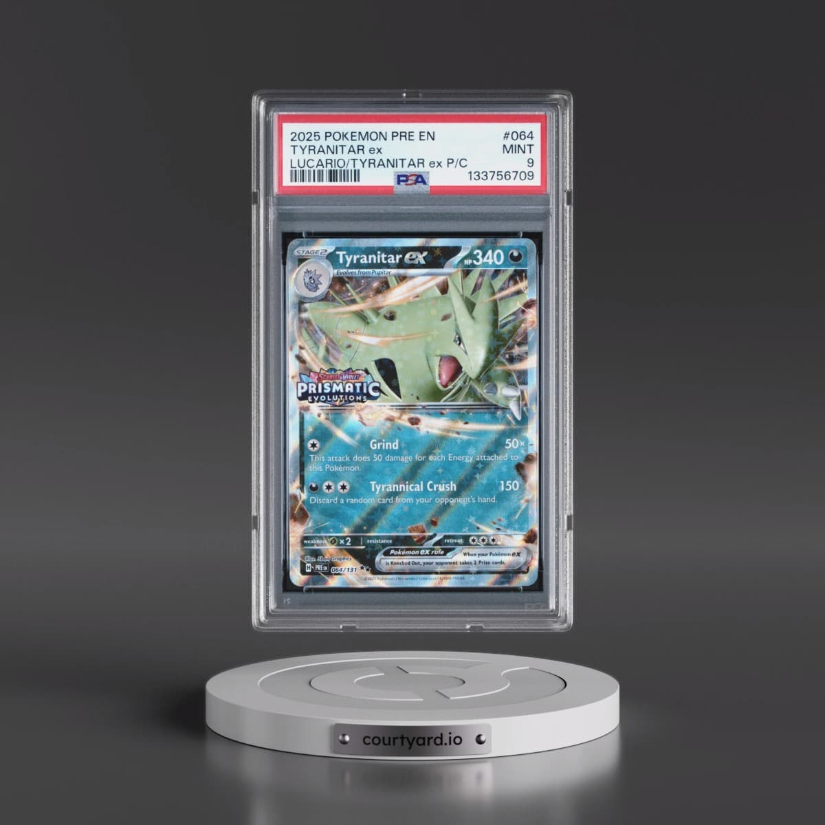 2025 Pokémon Pre EN-Prismatic Evolutions #064 Tyranitar EX - Holo Lucario EX & Tyranitar EX Premium Collection (PSA 9 MINT)