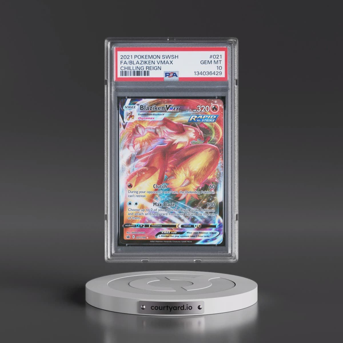 2021 Pokémon Sword & Shield Chilling Reign #021 Blaziken Vmax - Full Art (PSA 10 GEM MINT)